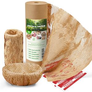Honeycomb Packing Paper Wrap 15"x400' Sustainable Alternative to Bubble Cushioning Wrap Packing paper for Moving/shipping/packing Roll with 20 Fragile Sticker Biodegradable & Fully Recylable (Brown)