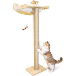 Cat Window Perch Hammock with 3-Piece Detachable Sisal Scratching Posts, White Fluffy Cusion, Drill-Free Suction Cup Mount, Multi-Level Climbing Perch for Bird Watching, 45 LBS Capacity