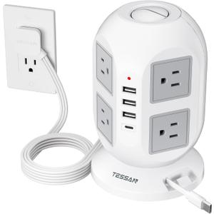 Tower Surge Protector Power Strip 10 ft, Long Flat Extension Cord with Multiple Outlets, 8 AC Outlets with 4 USB Ports, 1 Built-in USB Cable, Charging Station with Surge Protection, for Home Office (Grey)