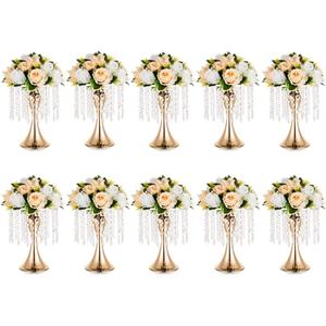Gold Vases for Centerpieces, 10.2in Crystal Flower Arrangement Stand, Wedding Centerpieces for Tables, Tall Metal Flower Vase Holders for Wedding, Event, Reception, Birthday, Home Decor, 10 Pcs