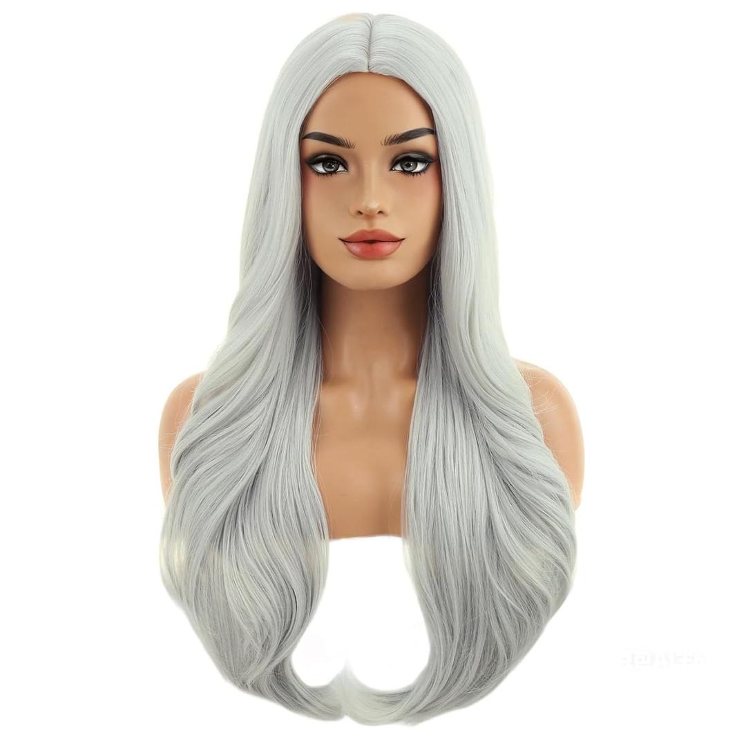 BERON Silver Wigs Long Wavy Wig for Women Natural Curly Gray Heat Resistant Synthetic Hair Wigs for Cosplay Party Daily or Use