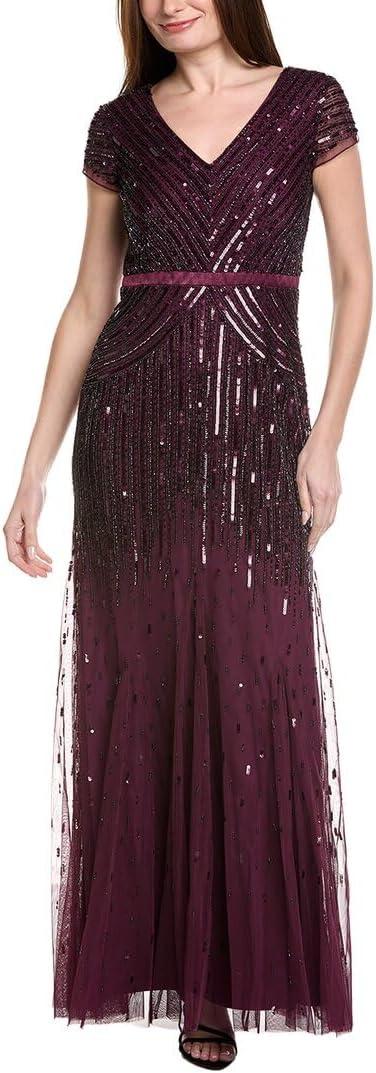 Adrianna Papell Women's Long Beaded V-Neck Dress with Cap Sleeves and Waistband (Size 4)