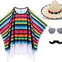Yahenda Western Costume Set 5 Pcs Fiesta Outfit Serape Poncho Sombrero Hat Sunglasses Mustache Cinco De Mayo Dress Small Size (35 x 23'')