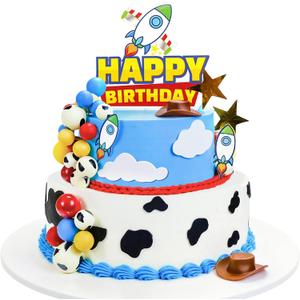 57Pcs Cartoon Story Birthday Cake Toppers Infinity and Beyond Blue Sky White Cloud Cow Print Cake Topper Toy Theme Party Decoration (Multicolor)