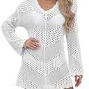 Women Swimsuit Summer Long Sleeve Crochet Knit Bathing Suit Beach Cover Up Hollow Out Sexy See Through Dress (Medium)