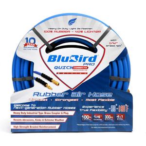 BluBird BB14100QC Lightest Strongest Flexible Rubber Air Hose 1/4" X 100' with I/M Quick Connect Coupler Plug  300 PSI  Cold Weather UV Oil Resistant  Brass Ends