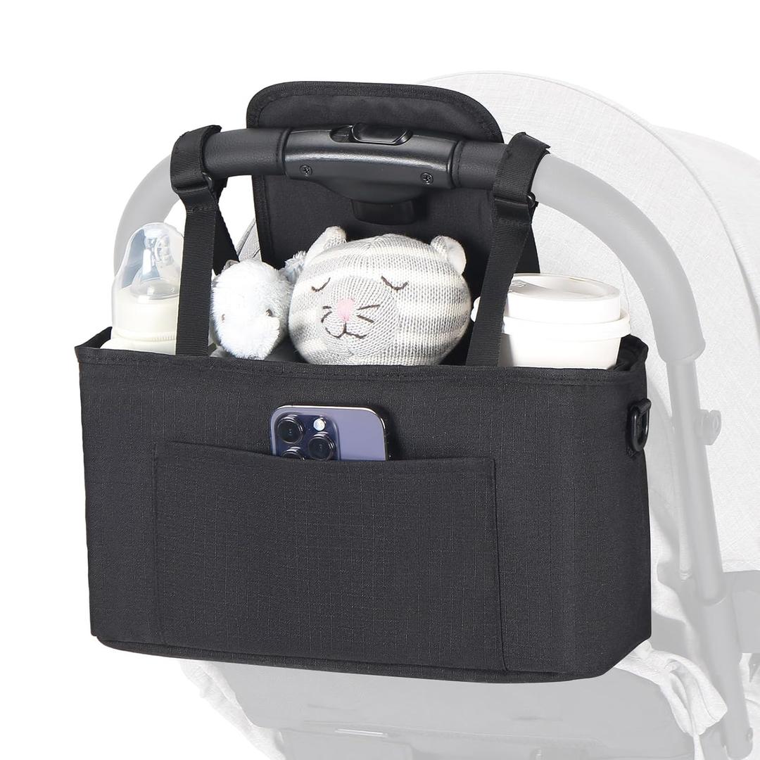 Beberoad Love Universal Stroller Organizer with Cup Holder Large Capacity Stroller Caddy Waterproof Stroller Bag with Shoulder Strap (Black)