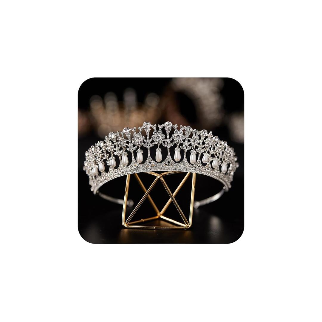 SWEETV Princess Diana Tiara for Women, Silver Pearl Wedding Crown for Bride, Rhinestone Costume Accessories for Birthday Party Prom