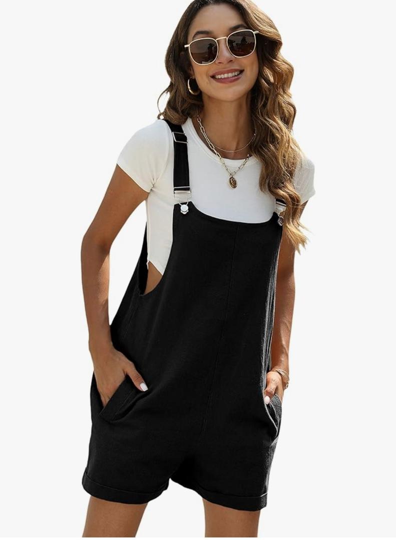 Yeokou Women's Cotton Linen Short Overalls Casual Summer Bib Shortalls with Pockets M Black