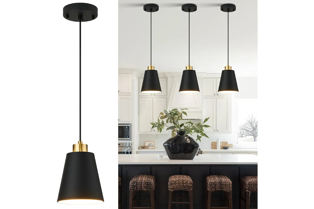 Matte Black Mini Pendant Light 7.87in Cone Kitchen Island Pendant Lighting with Gold Modern Hollow Shade Hanging Light Fixture for Kitchen Dining Room Bar 63" Adjustable Cord, 1 PCS