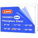 (2 Pack) 20" x 24" Plexiglass Sheets 1/4 inch Thick (6mm), Clear Acrylic Sheets Panel Cut to Size Plexiglass Acrylic Board, Cut with Engraver, Power Saw or Hand Tools, No Laser Cut