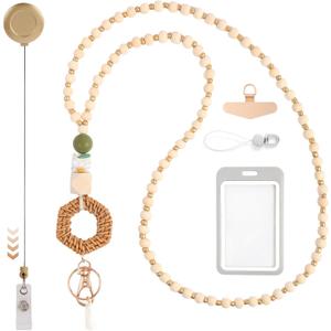 Wood Beaded Teacher Lanyard for ID Badges with Clip Keychain Retractable Reels, Clear Vertical Card Holder Nurse Accessories Work Appreciation Gifts Women, an Extra Tether Tab for Cell Phone Lanyard
