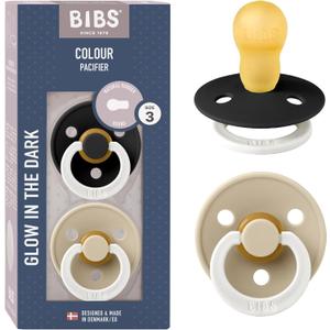 Bibs Pacifiers Color Collection, Set of 2 BPA-Free Latex Pacifiers Made in Europe, Round Nipple Baby Pacifier. (18+ Month (Pack of 2), Black Glow / Vanilla Glow)