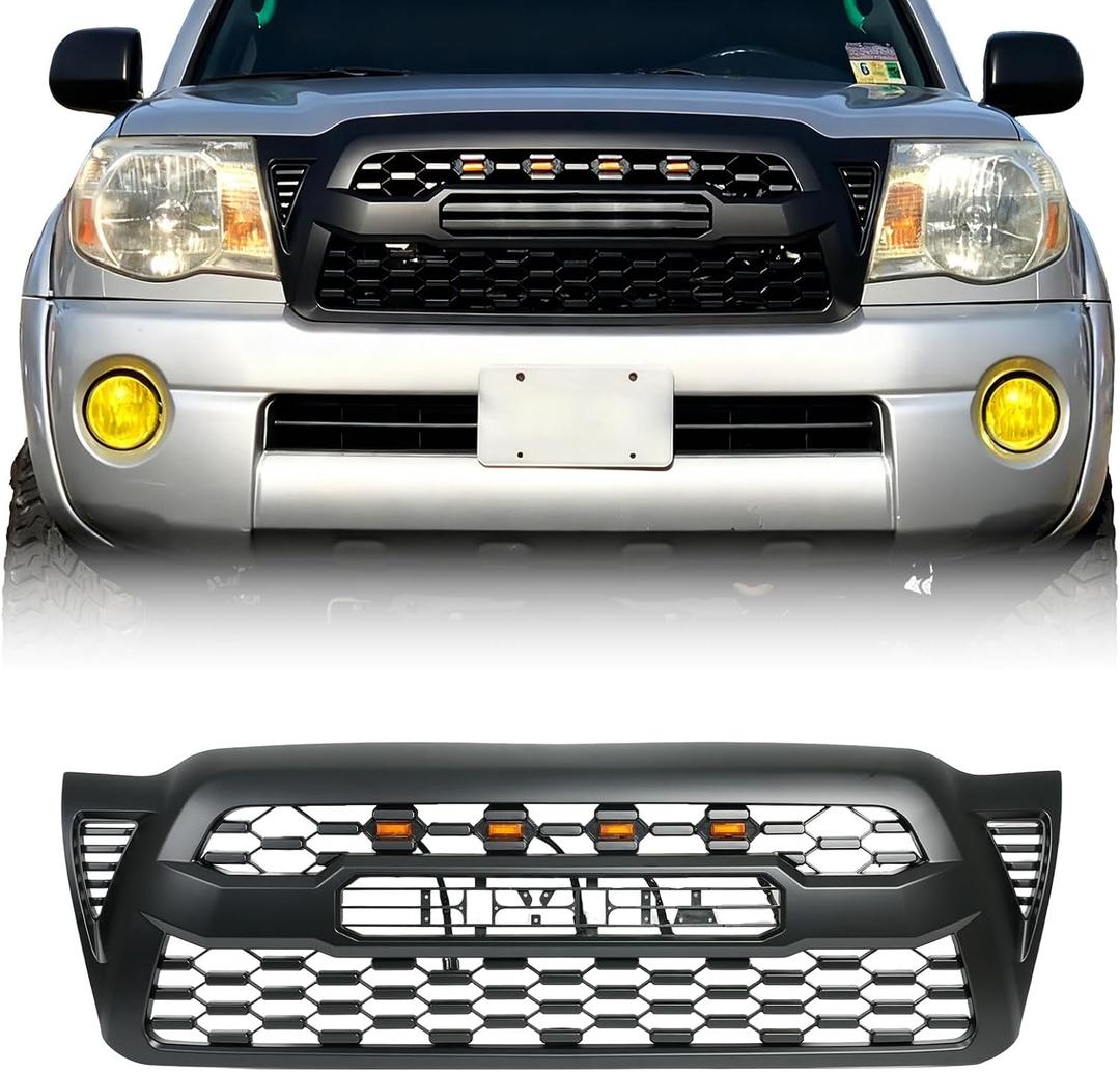 Front Grill Compatible With Toyota Tacoma 2005-2011 Matte Black Front Bumper Grille With Accessories/Letters/Amber Light Up
