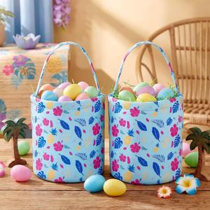 Remerry Easter Hawaiian Basket Blue Cartoon Tropical Floral Print Egg Hunt Bucket with Handle, Canvas Animation Theme Spring Treat Bag for Easter Party Supplies and Decor Eggs Gift Fillers