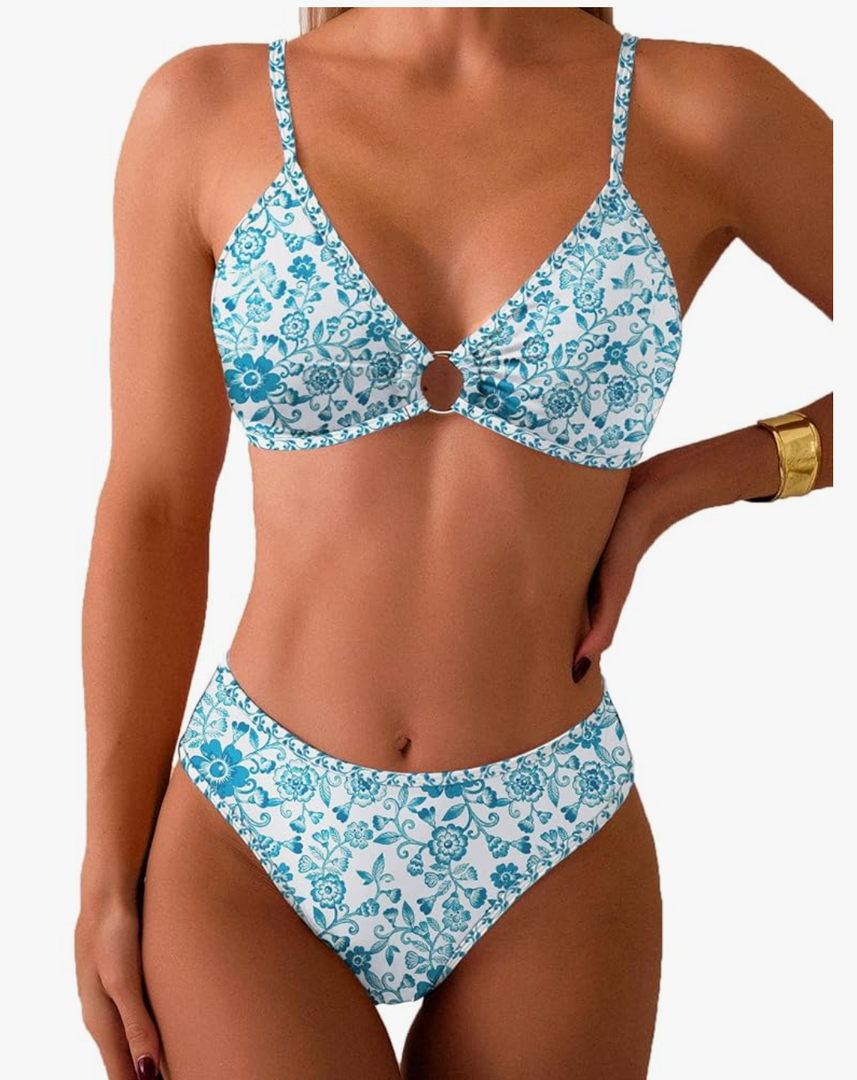 Fanuerg Women's Triangle Bikini Sets O Ring Linked Two Piece Swimsuits Floral Printed Cheeky Bathing Suit Size M