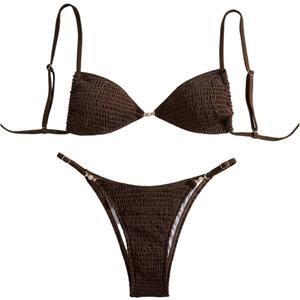 SweatyRocks Women's 2 Piece Smocked Cami Bikini Sets Pearl Spaghetti Strap Triangle Bathing Suit, S