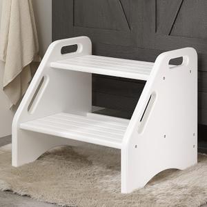 AMBIRD Wooden Two Step Stools Toddler with Safety Non-Slip Pads and Handles, Bamboo Step Stool for Bathroom, Bedroom, Kitchen Dual Height Step Stools for Kids (White) (13.2'' H)