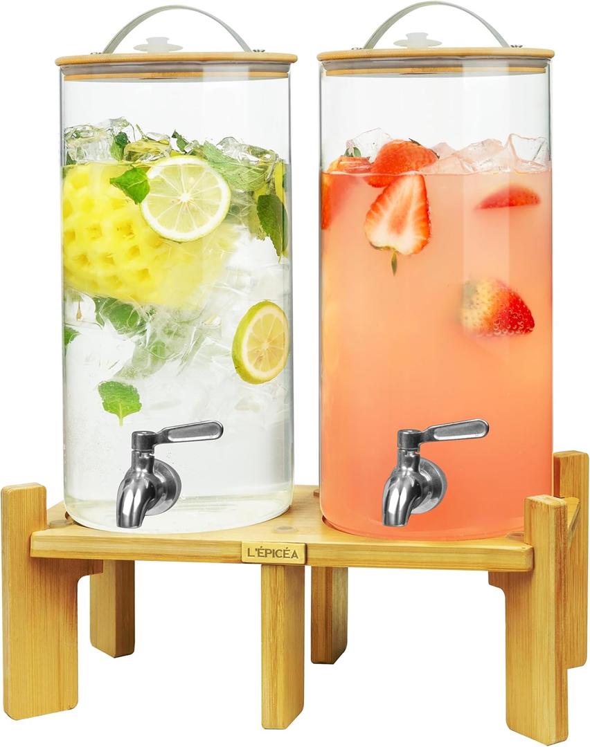 L'PICA 1.5 Gallon Drink Dispenser for Parties 2 PCS, Beverage Dispenser Set of 2, Glass Drink Dispensers with Wood Stand, Large Drink Dispenser with Stainless Steel Spigot 100% Leakproof, Wood Lid.