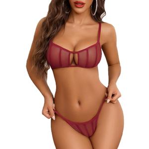 Avidlove Mesh Lingerie Sets for Women Sexy Cut Out Sheer 2 Pieces Bra and Panty Set Wireless Underwear (Medium, Burgundy Red)