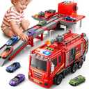 XINNOVEL Fire Trucks Toys for Toddlers Ages 3-5, Folded Carrier Truck Race Track with with Lights & Sounds and 6 Racing Car Toys, Birthday Gift for 3 4 5 6 7 8 Years Old Boys Girls