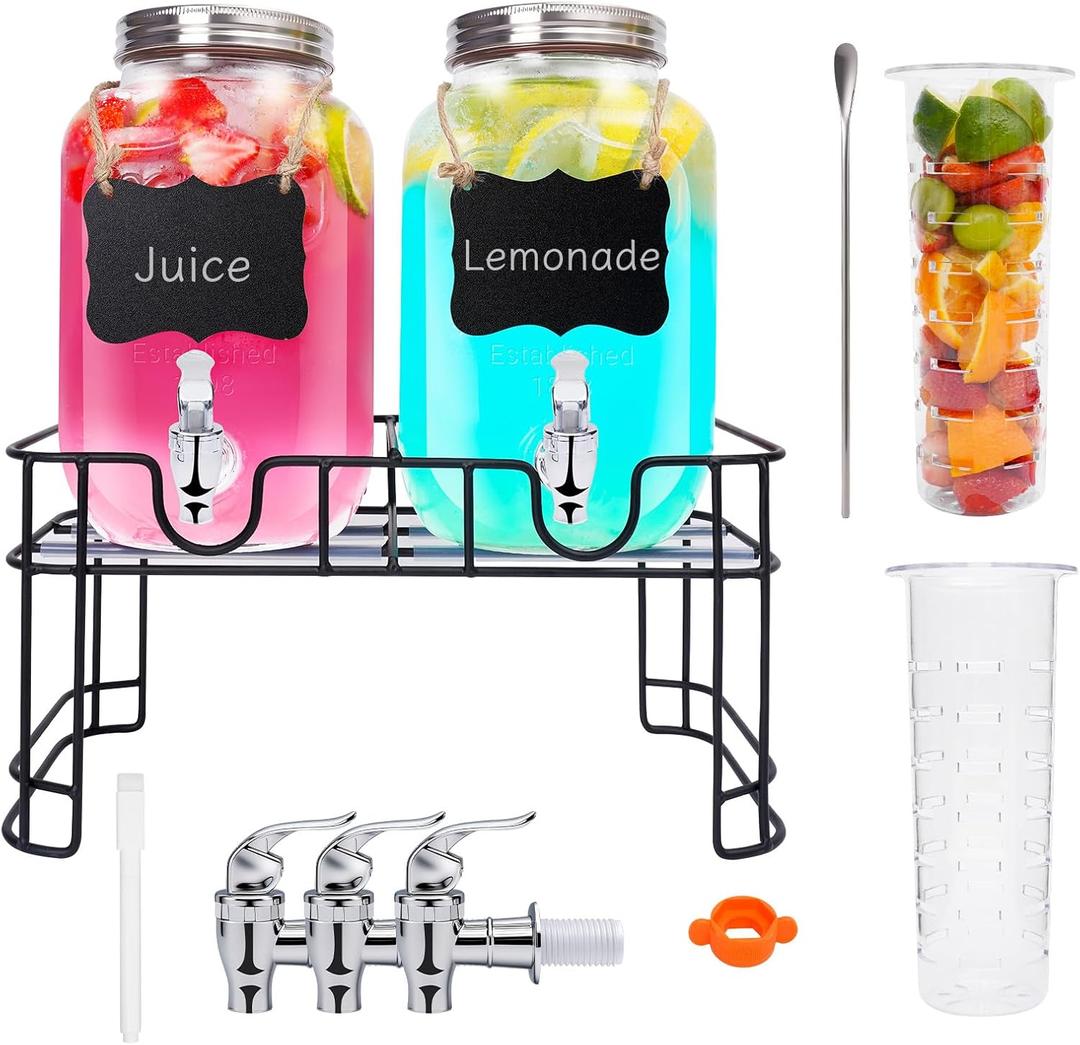 2PCS 1 Gallon Glass Drink Dispensers for Parties, Beverage Dispenser with Stand and Spigot, Used as Lemonade Dispenser Drink Pitcher Juice Containers Water Dispensers for Party, Picnic