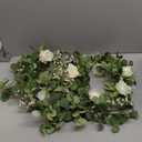 6FT Artificial Eucalyptus Garland with Flowers, 10 White Roses Baby Breath Garland Floral Greenery for Wedding Party Centerpiece Table Runner Backdrop Wall Decor Decoration