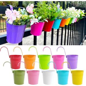 10 Pcs Fence Planters, 4" Metal Hanging Pots Plant Holder with Detachable Hook & Drainage, Railing Planter Flower Pot for Indoor Outdoor Balcony Patio Garden