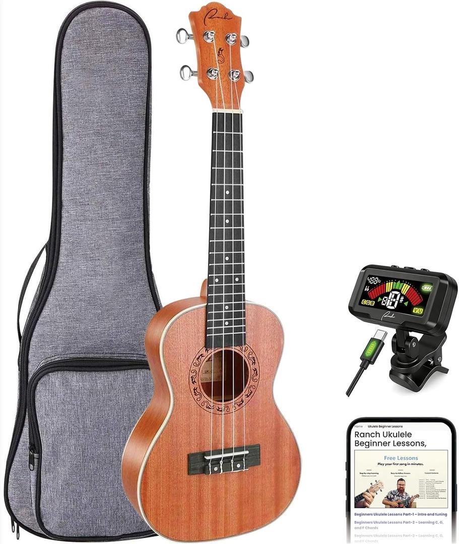 Ranch 26" Tenor Ukulele Sapele Wood Instrument with Tuner - Natural | Sapele wood body with natural finish delivers rich, deep resonance. Wider fret spacing supports advanced playing