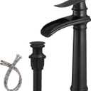 BWE Vessel Sink Faucet Waterfall Matte Black Bathroom Faucets Single Hole Single Handle Bathroom Sink Faucet Tall Vessel Faucet with Pop Up Drain and Water Supply Line (11.81 inch Vessel Version)