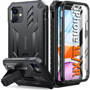 FNTCASE for iPhone 11 Phone Case: for iPhone XR Case [Built-in Screen Protector & Kickstand] [Military Grade Drop Protection] Heavy Duty Full Protective Shockproof TPU Rugged Phone Cover - Black