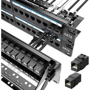 Jadaol [UL Listed] 48 Port Patch Panel Rackmount or Wall Mount 19-Inch, 2U Cat 6 Network Panel Preloaded with 48 Keystone Couplers Plus 2 Spare, 10Gbps Ethernet Panel with Cable Management & Back Bar