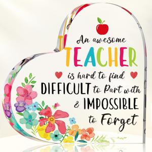 Yookeer Teacher Appreciation Gifts - 6 Inch Heart-Shaped Acrylic Paperweight - an Awesome Teacher is Hard to Find & to Forget, Meaningful Teacher's Gift Birthday Teachers' Day Thank You Keepsake