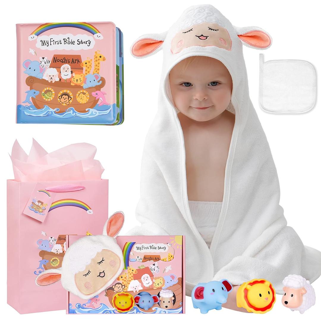 My First Noahs Ark 7 pcs Baptism Gift Set, Dedication, Christening and Baptism Gifts for Girl and Newborn Baby, Includes Washcloth and Hooded Towel, Baby Bath Book, 3 Bath Toys and Gift Bag (Pink)