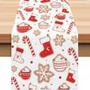 Christmas Table Runner Linen Winter Christmas Table Decorations Cartoon Candy Xmas Stocking and Snowflake Designs Holiday Table Runners Accessories for Home Party Decoration 72x13 Inch183x33cm