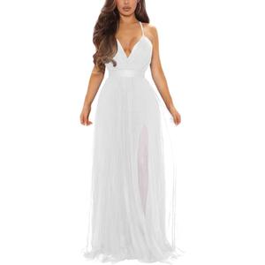 XXTAXN Women's Sexy Deep V Neck Split Cocktail Party Formal Bridesmaid Maxi Dress (XX-Large, White)