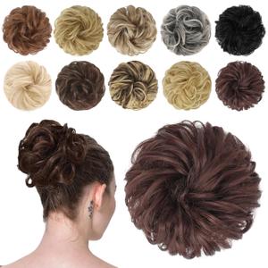 FESHFEN Messy Bun Hair Piece - Elastic Wavy Curly Hair Bun Scrunchies Extensions Synthetic Chignon Hairpieces for Women Girls, Dark Auburn 1 PCS
