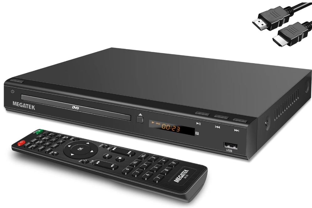 MEGATEK RegionFree HDMI DVD Player for TV, Compact CD/DVD Player for Smart TV, USB Port, Plays All Region DVDs & Multi Formats, Metal Housing, HDMI/RCA Cables & Remote Included