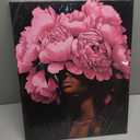 ZSHARTSWD African American Canvas Wall Art Black Woman with Flowers on Head Picture Abstract Black Girl Painting Prints for Girls Room Bathroom Decor Framed (Pink, 20L x 16W)