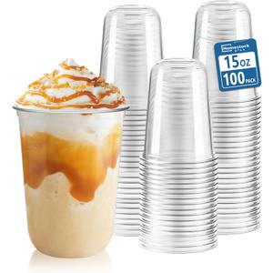Homestockplus 15 oz Clear PET Plastic Cups 100 Pack - U-Shaped Disposable Open-Top Plastic Cups, Crystal Clear Ice Coffee Cups To Go for Iced Coffee, Smoothies, Bubble Tea & Outdoor Gatherings
