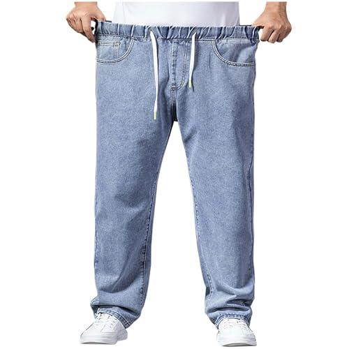 Djeanxa Men's Elastic Waist Jeans Plus Size Drawstring Pull On Jeans Casual Straight Leg Jeans Boys Denim Jogger Pants S-4XL, Light Blue