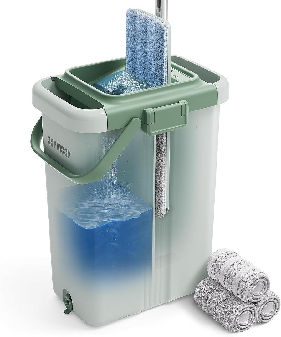 JOYMOOP Mop and Bucket Set, Commercial & Household Use Flat Mop with Bucket, Wall Cleaner with Long Handle, Microfiber Mop Bucket with 3 Reusable 15" Pads