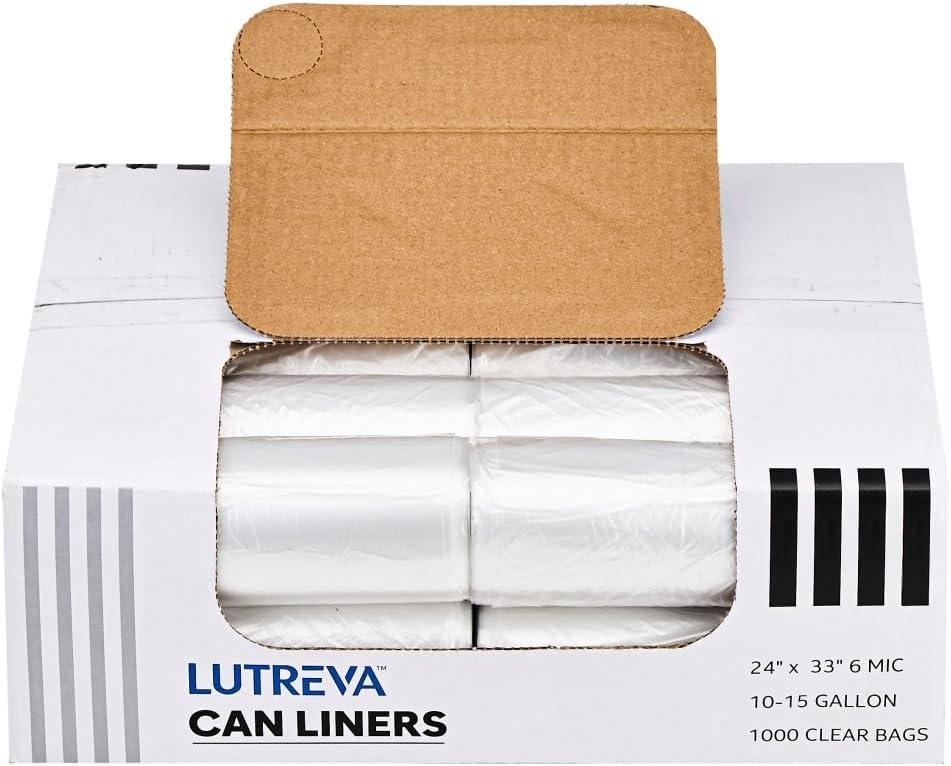 Clear Trash Can Liners, 10-15 Gallon, 24'' x 33'', Wholesale 1000 Count, High Density Garbage Bags for Bathroom, Office, Commercial and Industrial Use