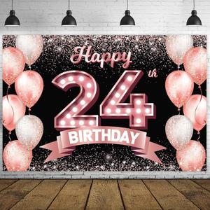 Happy 24th Birthday Rose Gold Banner Backdrop Cheers to 24 Years Old Confetti Balloons Theme Decor Decorations for Women 24 Years Old Pink Birthday Party Bday Supplies Background Favors Gift Glitter