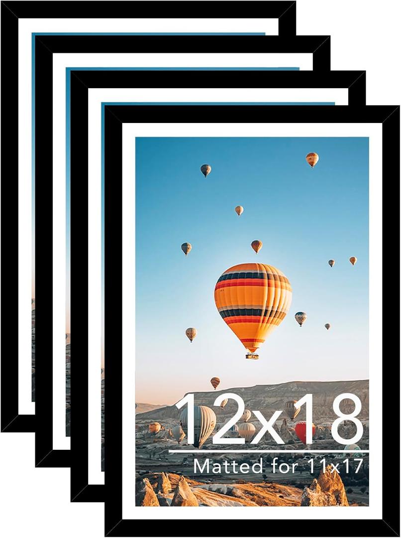 12x18 Picture Frame Set of 4 with 11x17 Mat, Display Photo 11x17 with Mat or 12 x 18 Without Mat, Wall Hanging Large 12 by 18 Poster Frame with Plexiglass, 4 Pack, Black