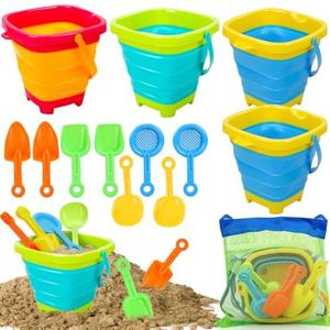 TOY Life Collapsible Beach Toys for Kids with 4 Silicone Collapsible Sand Buckets & 8 Shovels & Mesh Bag, Travel Beach Essentials for Kids Sand Toys Toddlers, Sandbox Toys for Boys Girls Ages 3-5 4-8