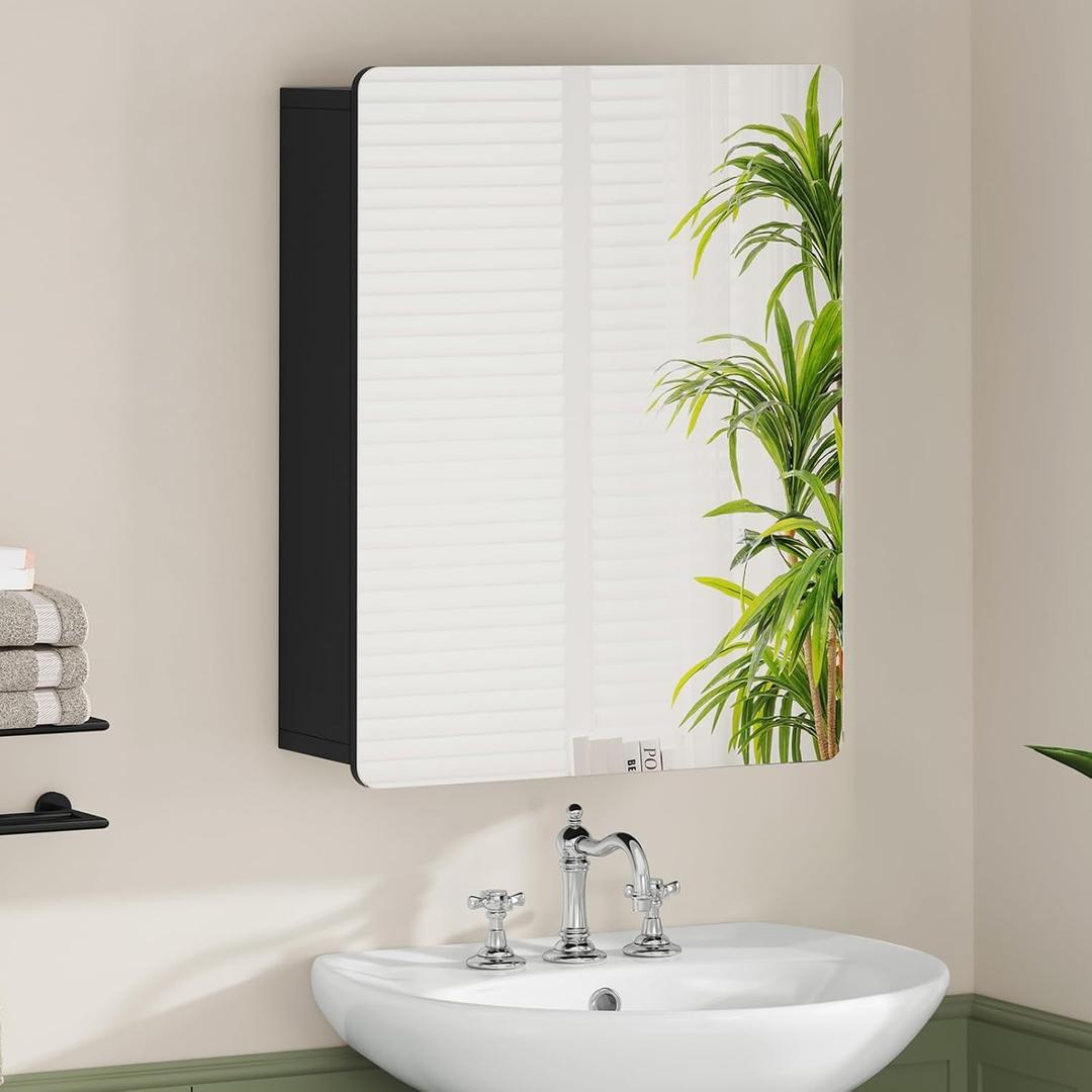TEENFON Medicine Cabinet Mirror with 2 Adjustable Shelves, Bathroom Mirror with Storage, Recessed or Wall Mount Bathroom Cabinet, Black, 17in x 23in