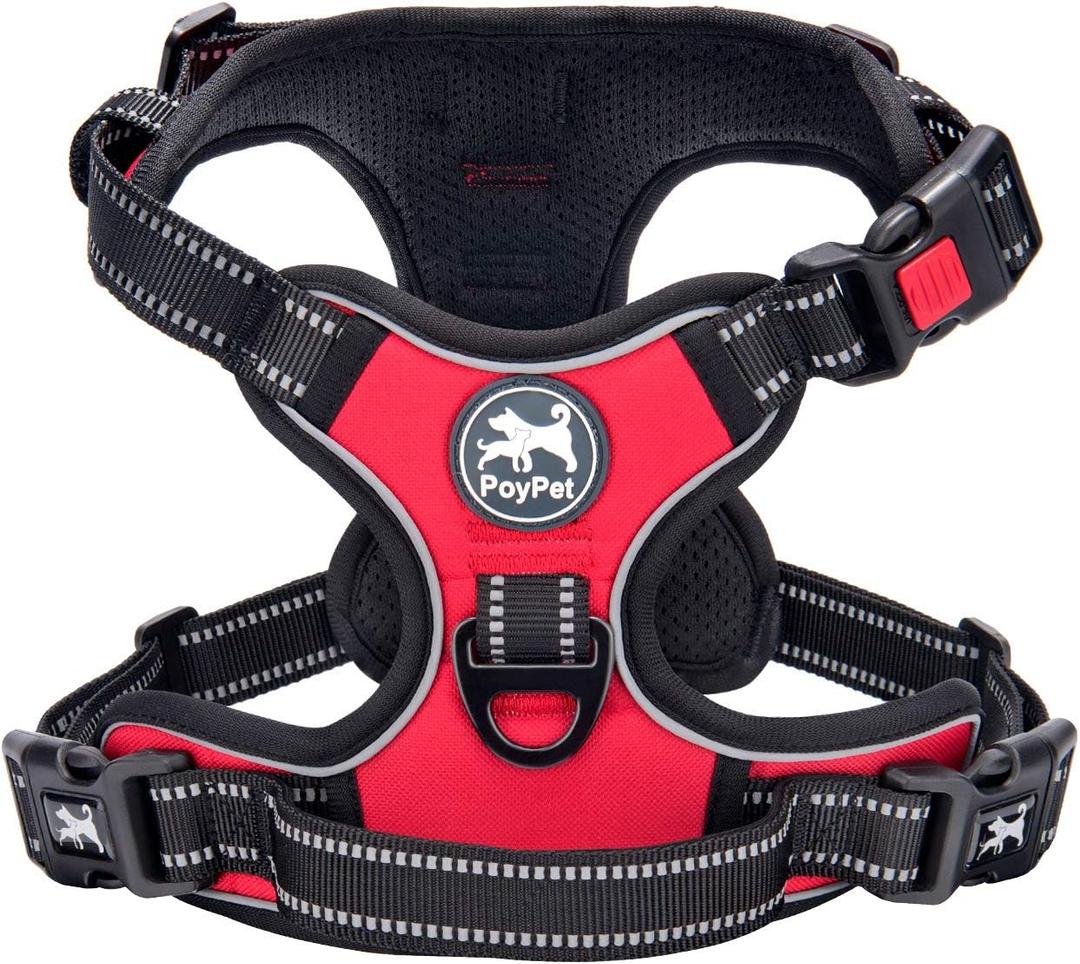 PoyPet No Pull Dog Harness, No Choke Front Clip Dog Reflective Harness, Adjustable Soft Padded Pet Vest with Easy Control Handle for Small to Large Dogs(Red, XS)