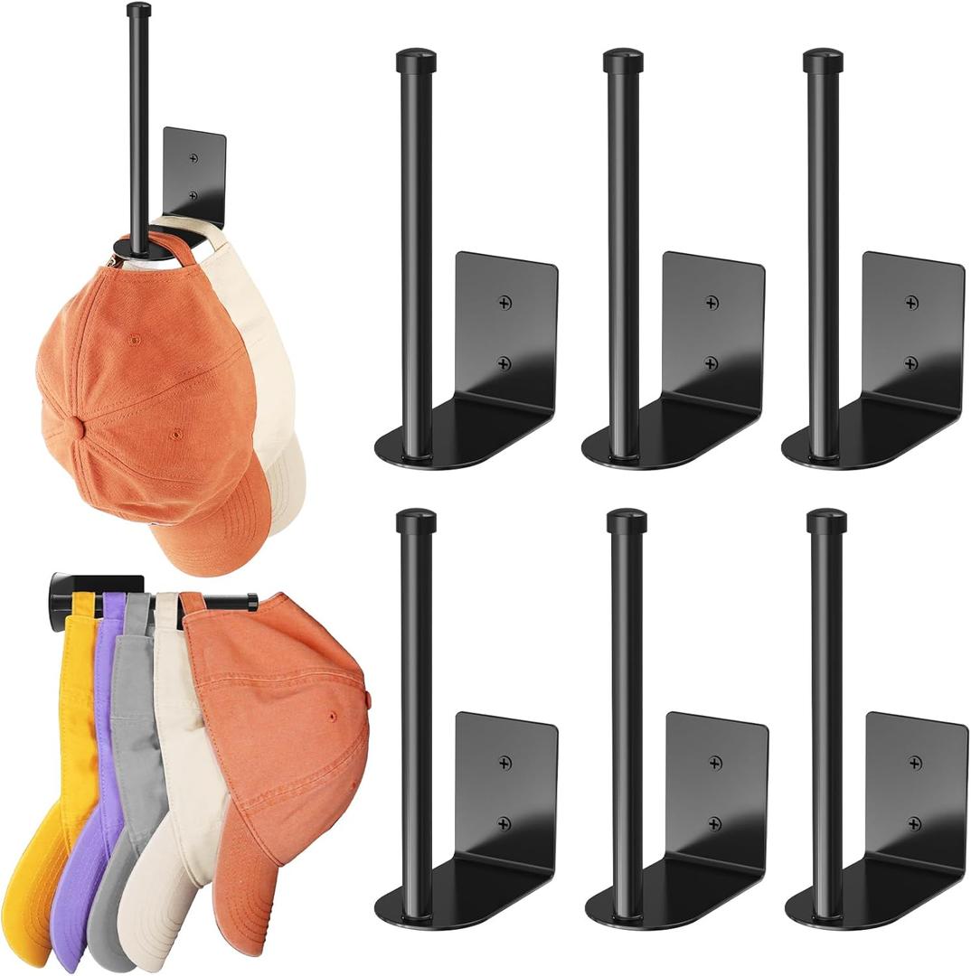 6 Pack Hat Racks for Baseball Caps, Stainless Steel Hat Organizer for Baseball Cap, Hat Holder Storage Organizer, Hat Hanger Strong Adhesive/Wall Drilled for Door, Bedroom, Closet(Black 6 in)