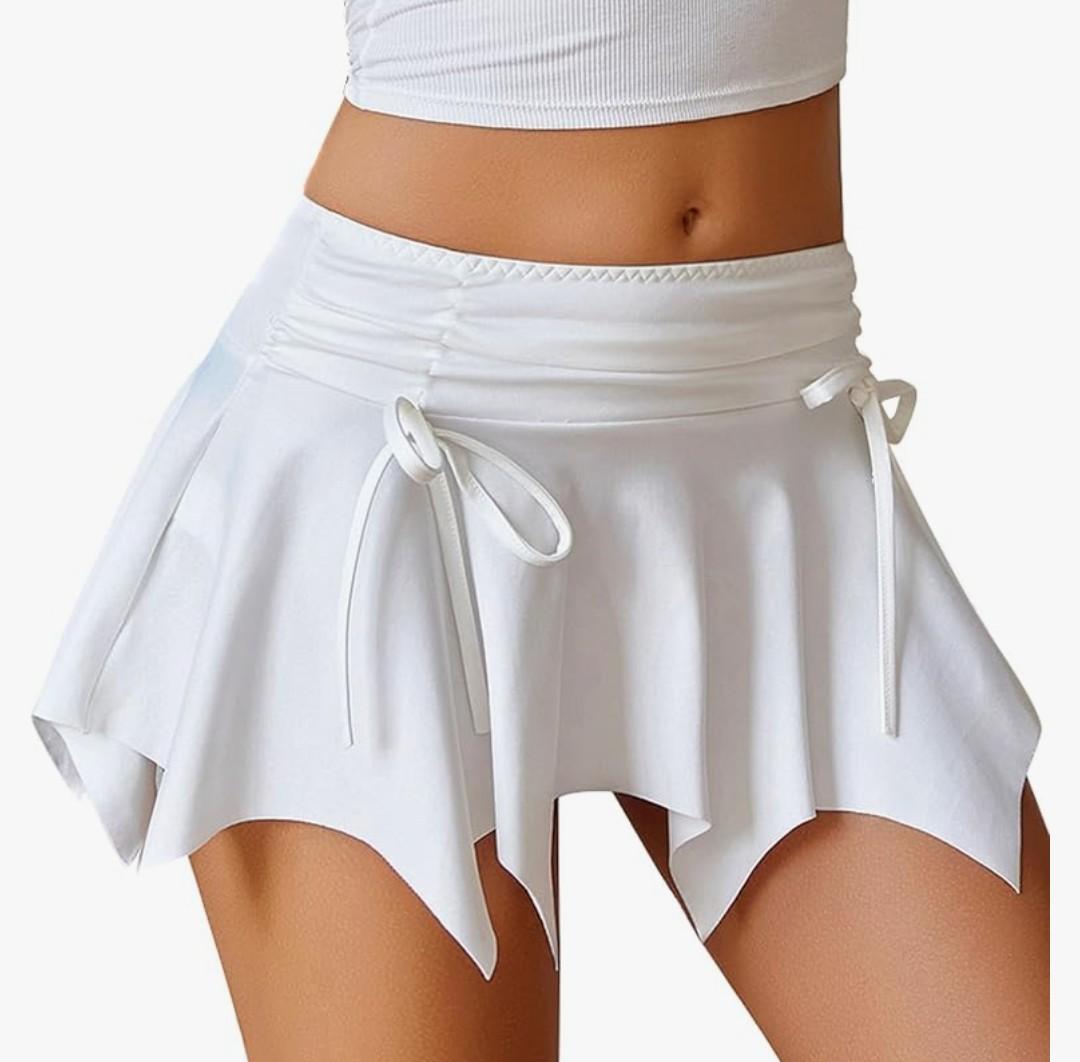 Avidlove Mini Skirt Flowy Stretchy Hem Sexy Y2k Asymmetrical Skirt with Drawstring Ruched Bow Beach Short Skirt M